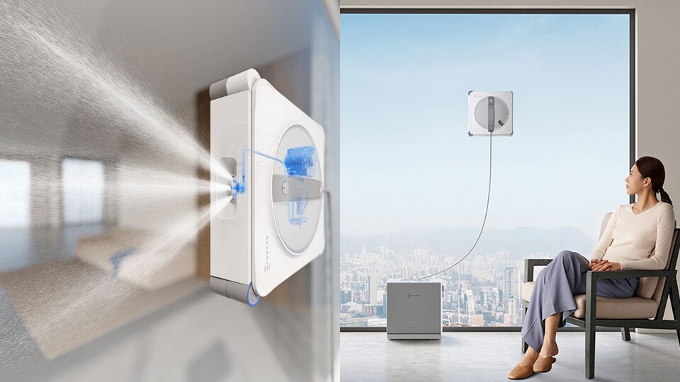 Die neue Dreifachdüse versprüht die Reinigungslösung gleichmäßiger, wodurch der WINBOT W2S OMNI auch gründlicher reinigen kann.