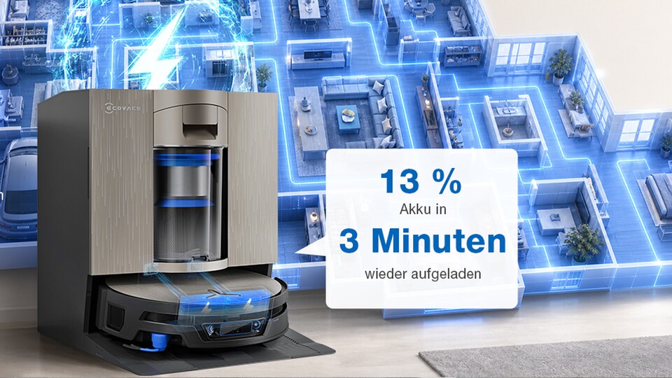 Die Schnellladefunktion bei den ECOVACS X12-Saugrobotern ist sehr praktisch und kann die Reinigungszeit stark verkürzen.