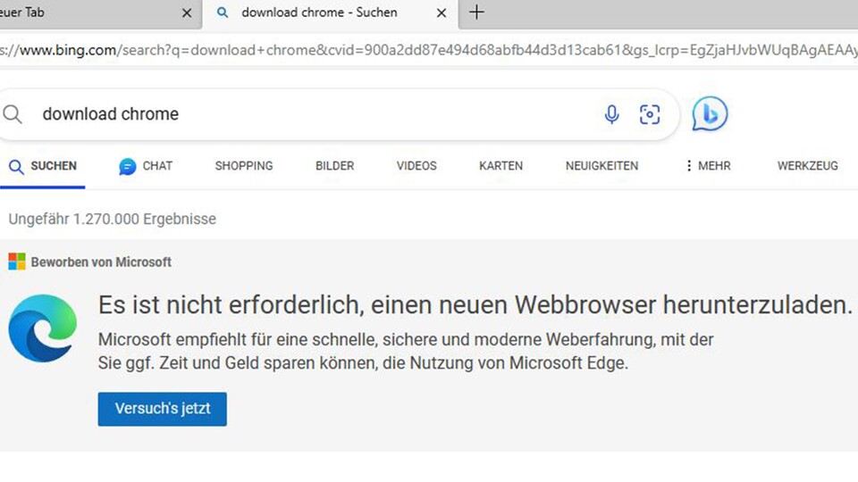 Diese Meldung bekommt ihr, sobald ihr Chrome downloaden wollt (Quelle: Screenshot Microsoft Edge)