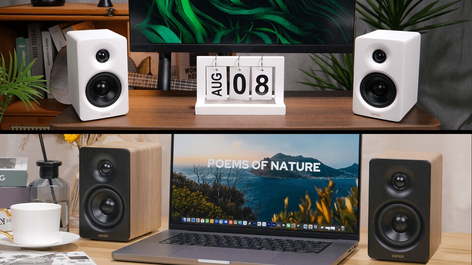 Den M60 von Edifier gibt es mit zwei verschiedenen Designs – einem komplett weißem und einem schwarzen mit sichtbarem Holzgehäuse.