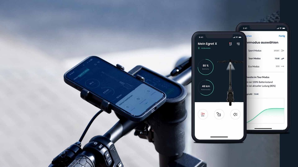 Mithilfe der Egret-App habt ihr Reichweite, Ladezeit und Fahrmodus jederzeit im Blick.