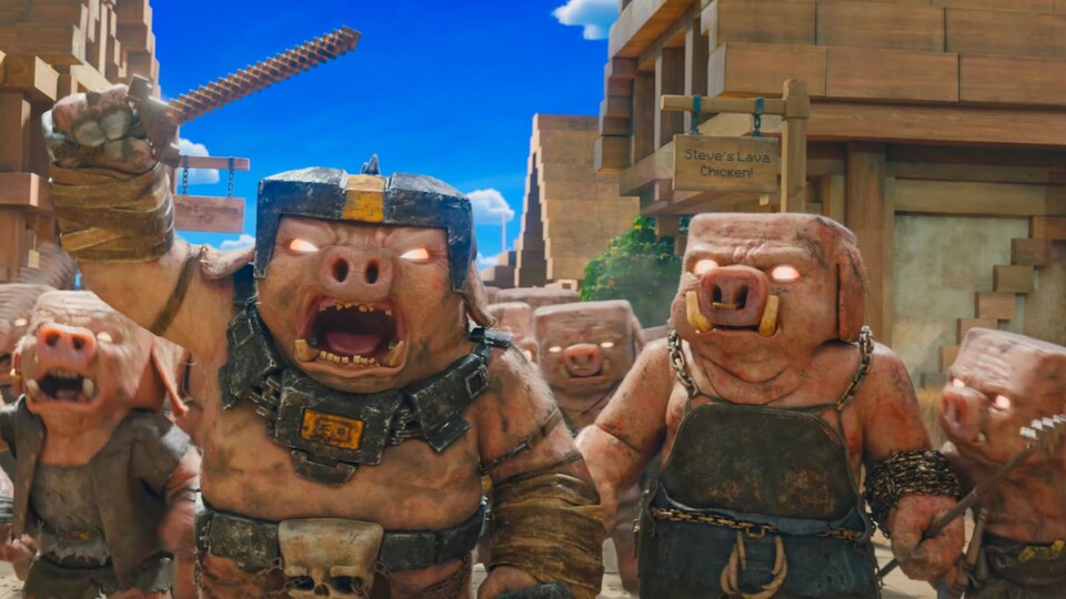 Eine Schweinearmee gibt es im Minecraft-Film übrigens auch. Bildquelle: Warner Bros.