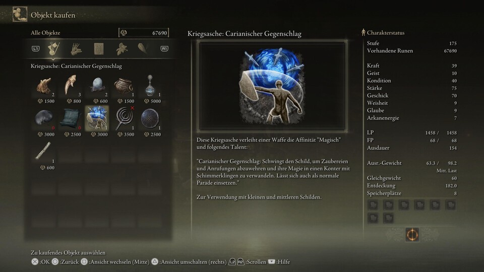 Der Carianischer Gegenschlag ist eine Kriegsasche, welche ihr auf euer Schild anwendet. Mit diesem Zauber torpediert ihr drei gefährliche Geschosse auf eure Gegner.