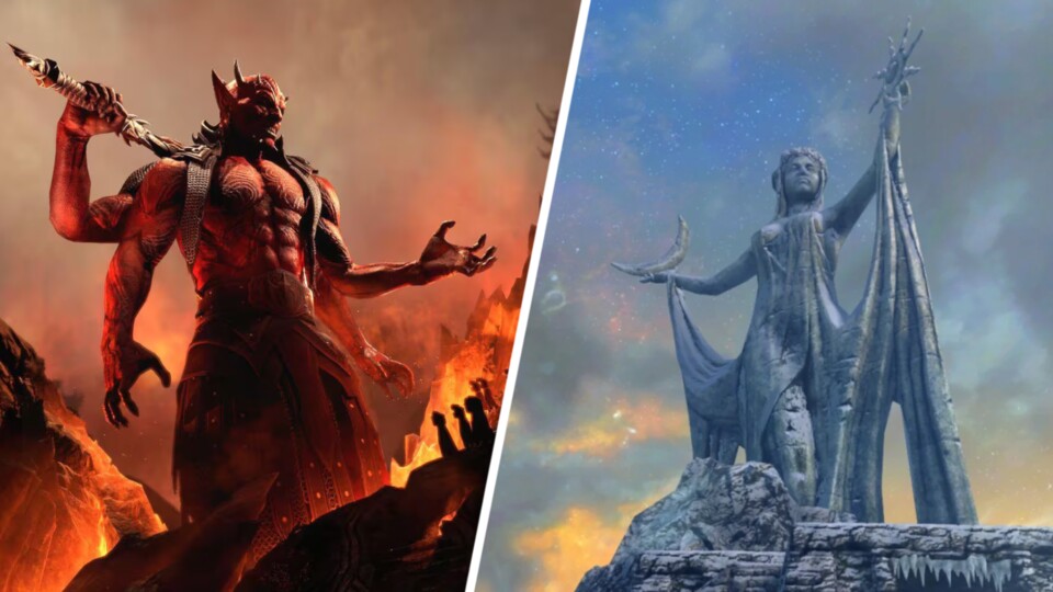 Mehrunes dagon (links) will die Welt in Vergessenheit bringen; Azura, die Prinzessin der Dämmerung (rechts), ist subtiler. Aber Sie sollten keinem der beiden vertrauen.