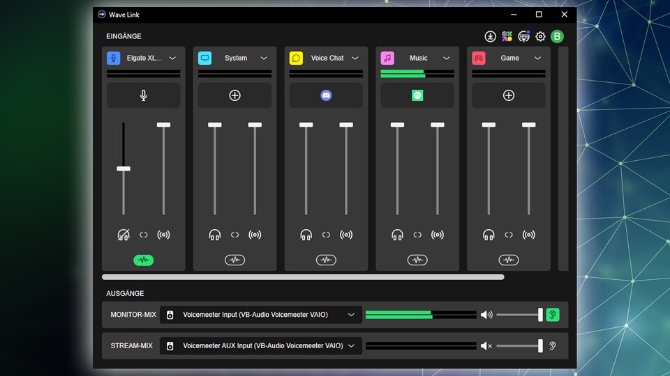 Jede Tonspur kann auf zwei Kanäle geleitet werden: Zu euren Kopfhörern im Monitor-Mix oder zum Stream-Mix für eure Zuhörer.