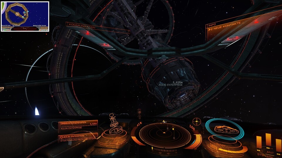 Die riesigen runden Orbis-Sternhäfen haben wir schon in Frontier: Elite 2 besucht – siehe Screenshot links oben (beide Auflösungen in Originalgröße!)