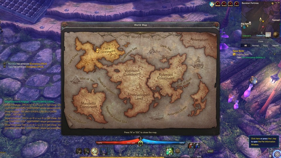 Die hier abgebildete Weltkarte unterteilt sich in sechs gigantische Regionen. Los geht’s auf dem Tara Continent im Nordwesten.