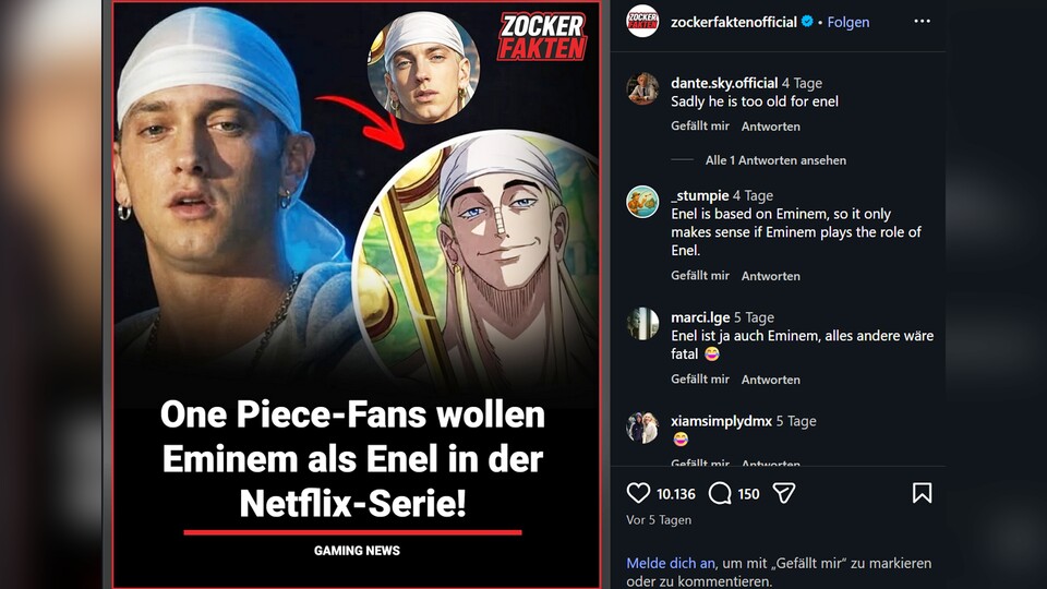 Eminems früherer Look passt tatsächlich ziemlich gut dazu, wie Enel im Manga und Anime dargestellt wird. Dem stimmen auch viele Fans zu. Bildquelle: ZockerfaktenofficialInstagram
