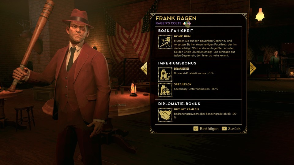 Zu Beginn des Spiels wählen wir einen Anführer-Charakter aus. Die basieren teils auf berühmt-berüchtigten Kriminellen wie hier Frank Ragen, dessen Bande Ragen's Colt tatsächlich im Clinch mit Al Capone lag.