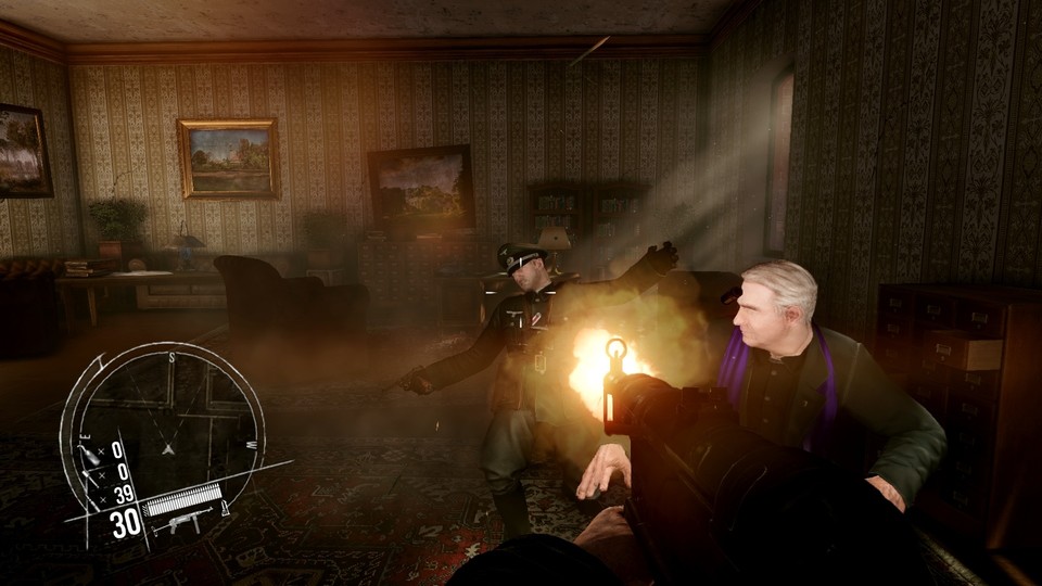 In den aus Call of Duty bekannten Zeitlupensequenzen durchbrechen wir Türen. Hier retten wir den gefangenen Priester vor einem feindlichen Offizier. 