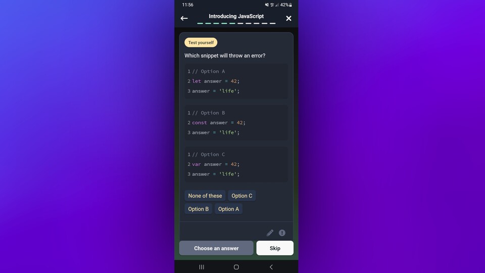 Nicht nur graue Theorie, sondern auch interaktive Lernelemente helfen euch dabei, in eine Programmiersprache reinzuschnuppern.