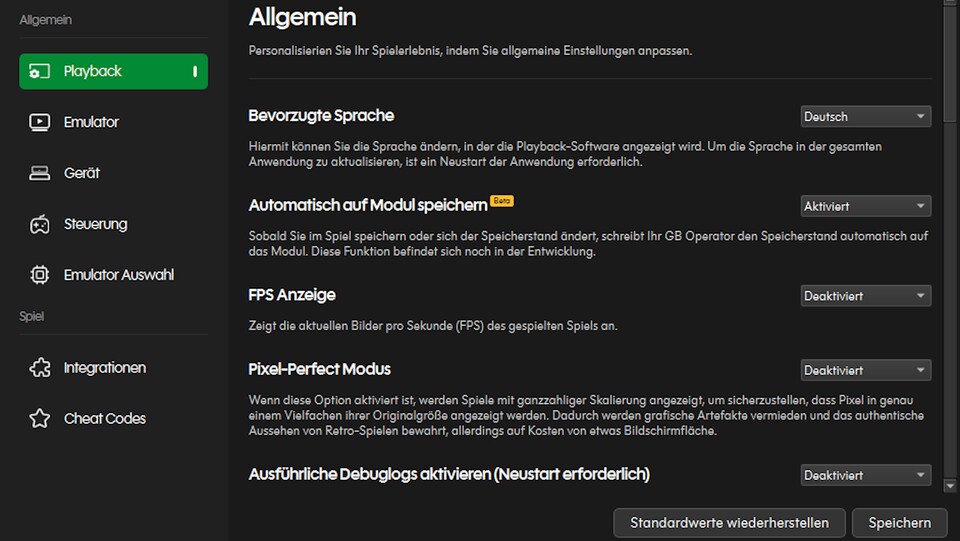 In den Einstellungen der Playback-Anwendung können die Retro-Titel beliebig angepasst werden – etwa mit einem Pixel-Perfect Modus. (Bildquelle: GameStar Tech Aaron Hofmann)