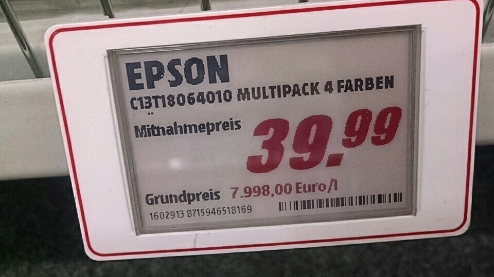 Epson Tinte im Media Markt für knapp 8000 Euro/Liter. (Bildquelle: Paul F. Hillmann/@Deppenklatsche/Twitter)