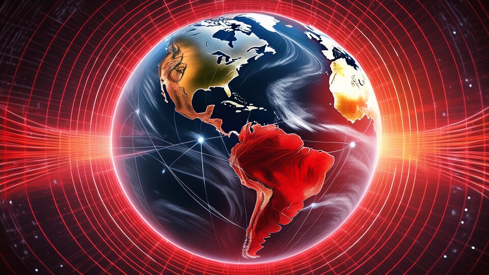 Die Südatlantische Anomalie erstreckt sich über fast ganz Südamerika. (Bildquelle: KI-generiertes Bild, Adobe Firefly)