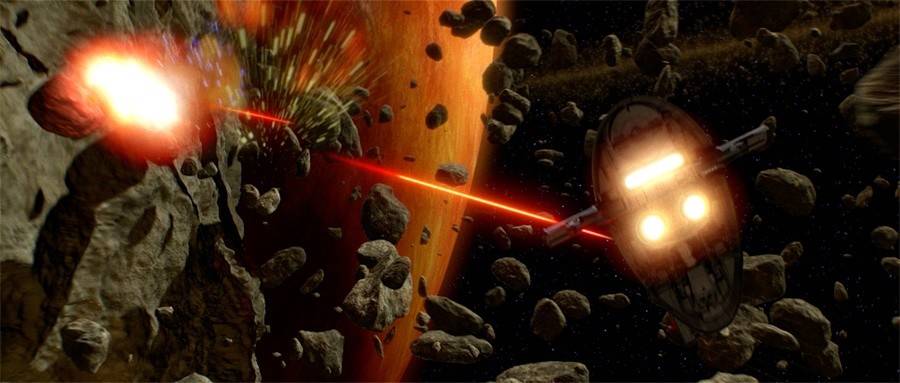 Erinnerungen an Episode 5 werden wach: Jango Fett und Obi Wan liefern sich ein packendes Katz-und-Maus-Spiel in einem Asteroidenfeld. 