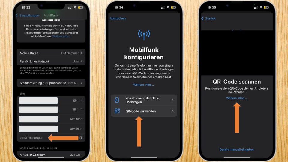 Bei Apple könnt ihr ganz Leicht über Mobilfunk eine eSIM einrichten. In Regel müsst ihr einfach nur den QR-Code scannen und etwas warten.