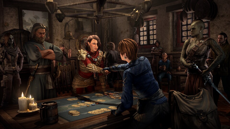 Die Bewohner Tamriels amüsieren sich gern beim Ruhmesgeschichten-Kartenspiel in der Taverne.