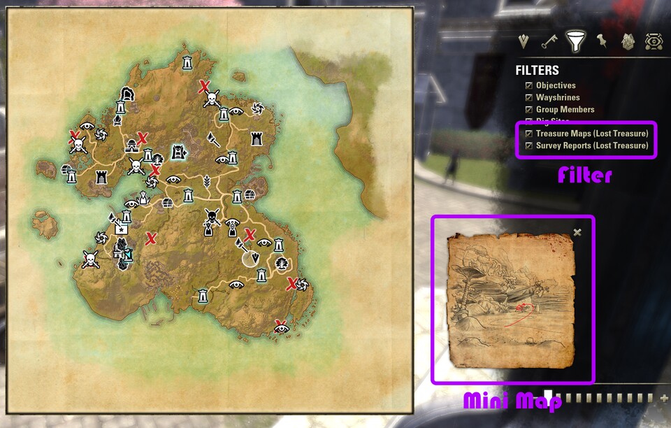 Aktiviert ihr die Filtereinstellungen, zeigt euch LostTreasure alle Zielorte von Schatzkarten, Fundberichten und Kartenhinweisen.