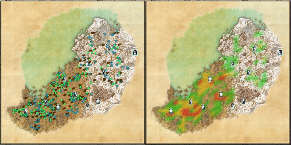 Ihr entscheidet, wie euch das Addon HarvestMap markierte Ressourcenknoten ausspielt: Entweder mit Symbolen oder farbig markierten Gebieten.