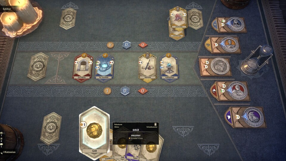 Zu Spielbeginn kaufen wir uns Karten aus der Mitte, indem wir Ressourcen wie diese Goldmünze ausspielen. Die Patrone rechts am Rand sind noch alle neutral.