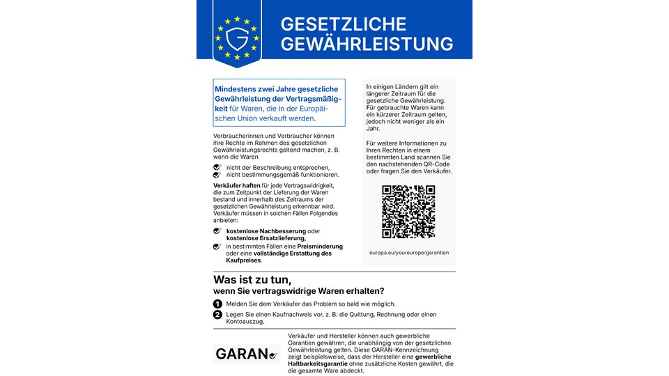 Das Label informiert in allen EU-Sprachen über Fristen, Voraussetzungen für Gewährleistungsansprüche, Hilfsangebote der Verkäufer, konrkete Schritte zur Entschädigung sowie Links zu weiterführenden Infos. (Bildquelle: Europa.eu)