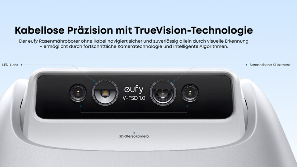 Mit Higtech zur Zuverlässigkeit: Der Eufy E15 setzt auf eine Kamera, Taschenlampe, KI-Hinderniserkennung und ganz viel Software, um in jedem Garten zu glänzen.