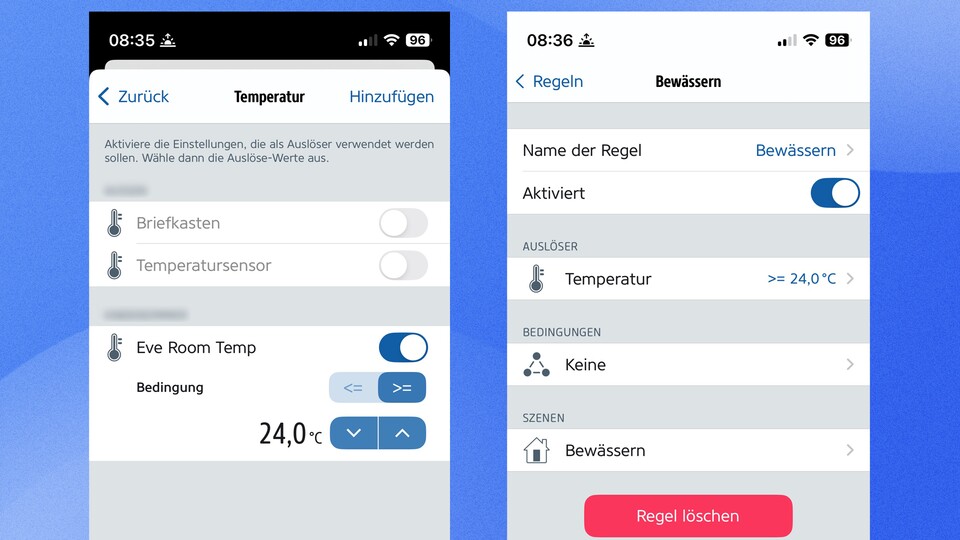 Automatismen erlauben vielfältige Einsatzzwecke, z.B. den Sprenkler erst ab einer gewissen Temperatur zu starten.