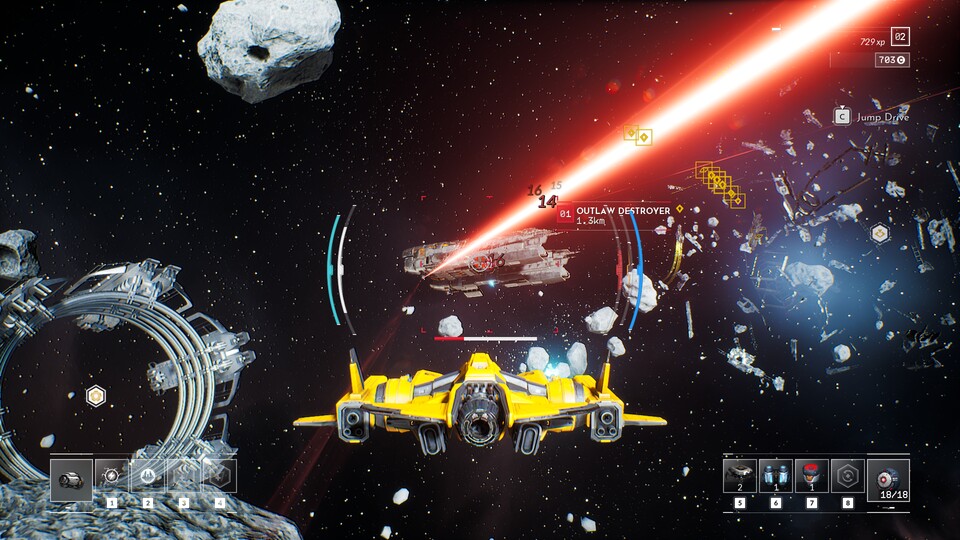 In Everspace 2 treten wir auch gegen größere Schiffe an, die verfügen dann gerne auch mal über stärkere Laserkanonen.