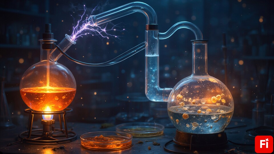 Das berühmte Miller-Urey-Experiment belegte, dass die Grundbausteine des Lebens in der »Ursuppe« entstanden sein können. (Bildquelle: Adobe Fireyfly, KI-generiert; Prompt: Alexander Köpf)
