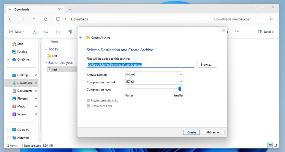 Das sind die erweiterten Optionen, um Dateien zu komprimieren.