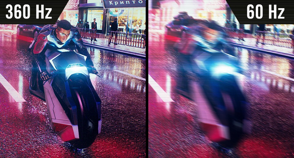 So bewerben Hersteller gerne die Vorteile von schnellen Displays, ganz so unscharf wie hier dargestellt ist die Bildausgabe mit 60 Hertz aber natürlich nicht. (Quelle: Asus)