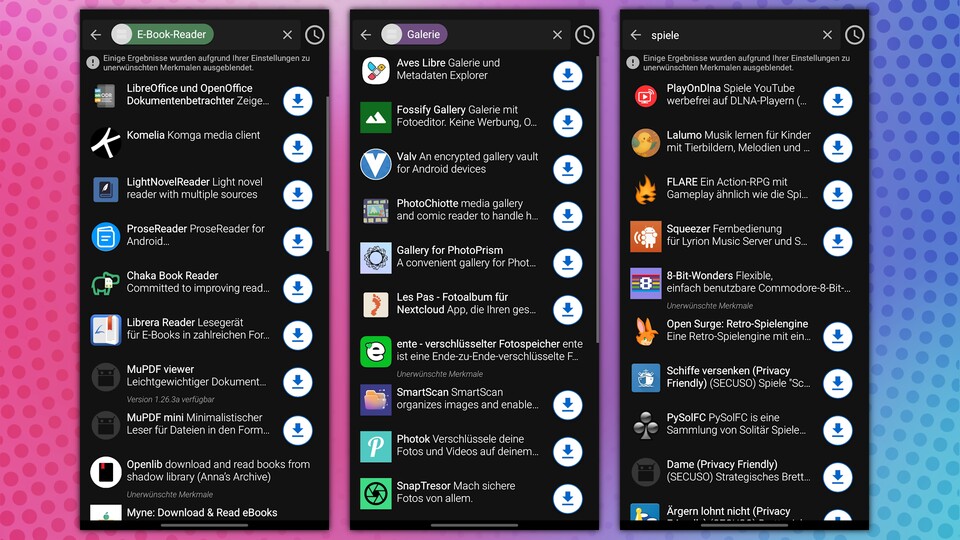 Im F-Droid-Store gibt es von E-Book-Readern über Galerien bis hin zu Spielen viele App-Angebote. (Bildquelle: F-Droid GameStar Tech)