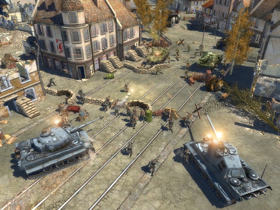 In der zerstörten Innenstadt treffen deutsche Soldaten, unterstützt von Tiger-Panzern, auf eine Stellung der Russen.