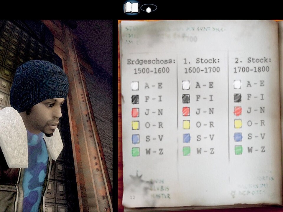 Eines der wenigen echten Rätsel im Spiel: Tyler sucht ein Buch anhand des farbcodierten Bibliotheksverzeichnisses.