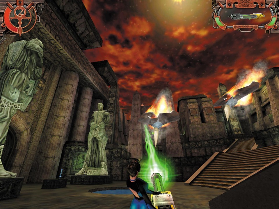 Gegen die brennenden Kamikazevögel wehrt sich Julie mit der Plasmakanone. Im Hintergrund links steckt ein Blitz-Schwert. Die Quake-3-Engine erlaubt imposante Kulissen.