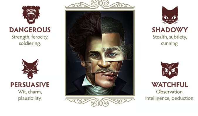 Charaktere setzen sich aus vier Attributen zusammen, die zeigen, wie gefährlich, aufmerksam, überzeugend oder heimlich sie sein können.