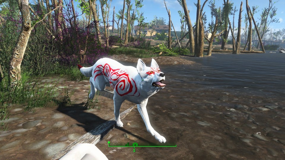 Dank einer Mod verwandelt sich Dogmeat in den weißen Wolf Amaterasu aus Okami.