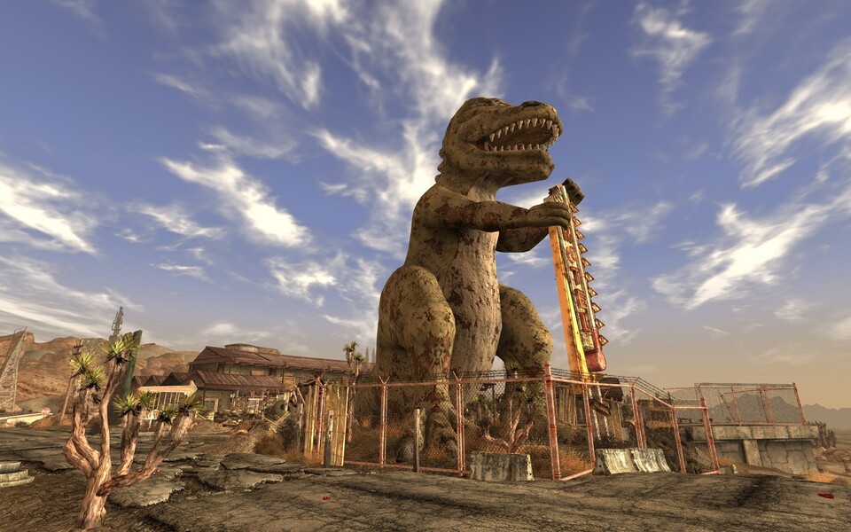 Las Vegas und Umgebung sind schon heute schrill. Das ändert sich auch in Obsidians Rollenspiel nicht. Hier macht ein Dino Werbung für ein Motel. 