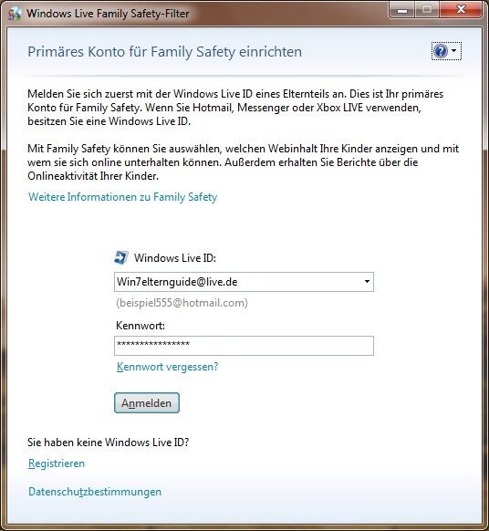 Nun legen wir das primäre Konto an, dass die Einstellungen von Family Safety vornehmen darf. Dazu verwenden wir die zu Beginn angelegte Windows Live ID. Nun legen wir das primäre Konto an, dass die Einstellungen von Family Safety vornehmen darf. Dazu verwenden wir die zu Beginn angelegte Windows Live ID.