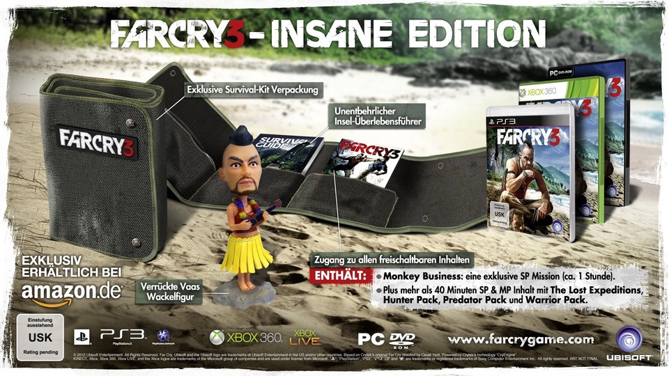 Die Far Cry 3 Insane Edition mit Stofftasche, allen DLCs (Monkey Business, The Lost Expeditions, Hunter-, Warrior-, Predator-Pack), Wackelfigur, Soundtrack und Artbook.
