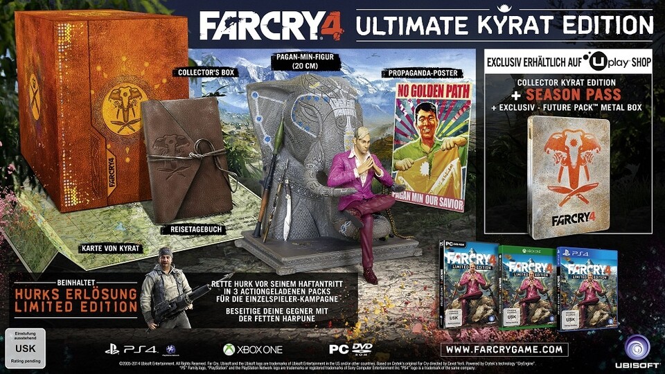 Die »Ultimate Kyrat Edition« von Far Cry 4 enthält die Boni der »Kyrat Edition« und zusätzlich den »Season-Pass«.