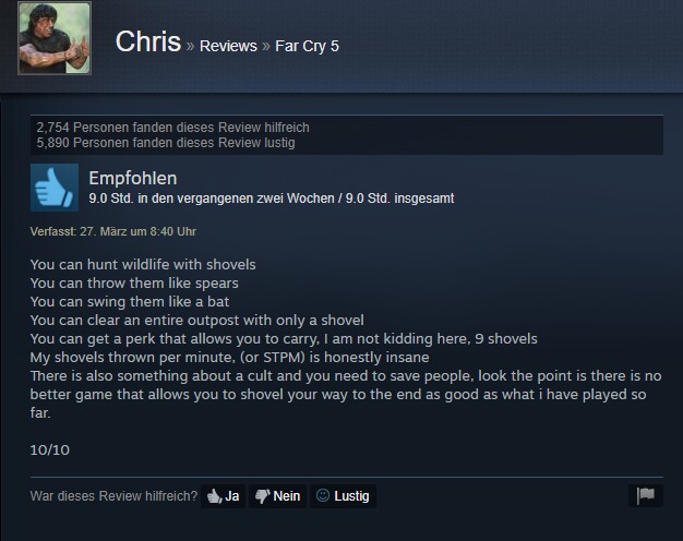 Dieser Spieler von Far Cry 5 ist von der Schaufel hellauf begeistert.
