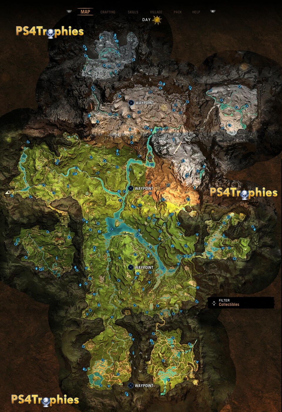 Die Map von Far Cry Primal mit allen 184 Sammelobjekten im Überblick.