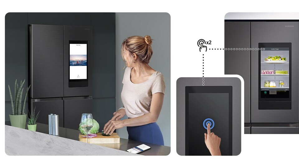 Samsung setzt das smarte Touchdisplay auf unterschiedliche Weise ein. So könnt ihr mit einem kurzen Fingertipp etwa den Kühlschrankinhalt sehen, ohne die Tür zu öffnen.