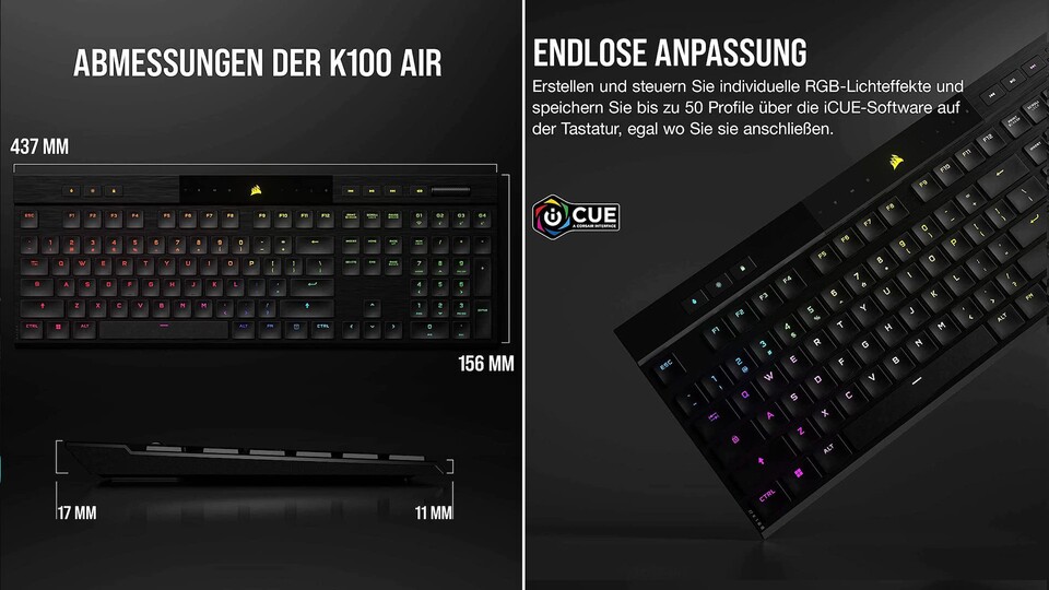 Intelligente Helligkeit: Die Einzeltasten-RGB-Beleuchtung der K100 Air passt sich automatisch euren Lichtverhältnissen an – das schont den Akku und eure Augen.