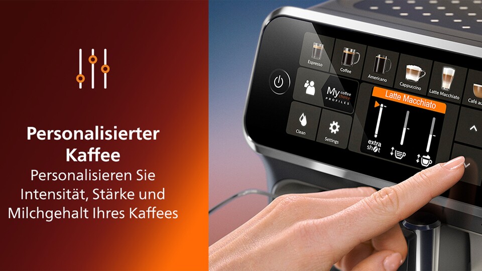 Das intuitive Touch-Display des Philips Kaffeevollautomaten ermöglicht es euch jeden Kaffee auf Wunsch anzupassen.