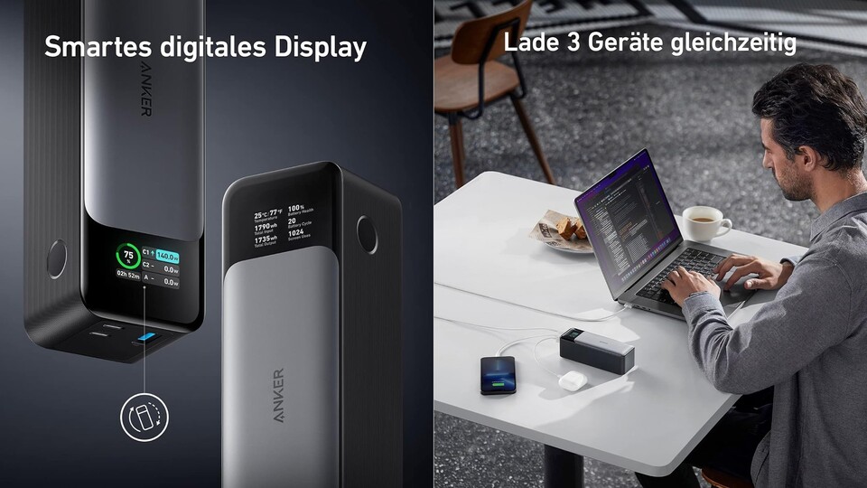 Auf dem Display sehr ihr jederzeit die wichtigsten Informationen. Der aktuelle Ladestand, die verbleibende Lade-Dauer und sogar exakt, wie viel Watt über welchen Port ausgegeben werden.