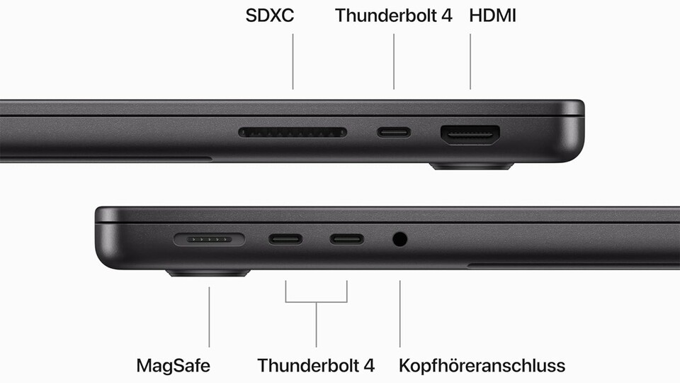 Viel mehr Anschlüsse als MacBook Air und Co.: Das 14 Zoll MacBook Pro verfügt über die schnellsten und wichtigsten Anschlüsse und den beliebten magnetischen Ladestecker MagSafe.