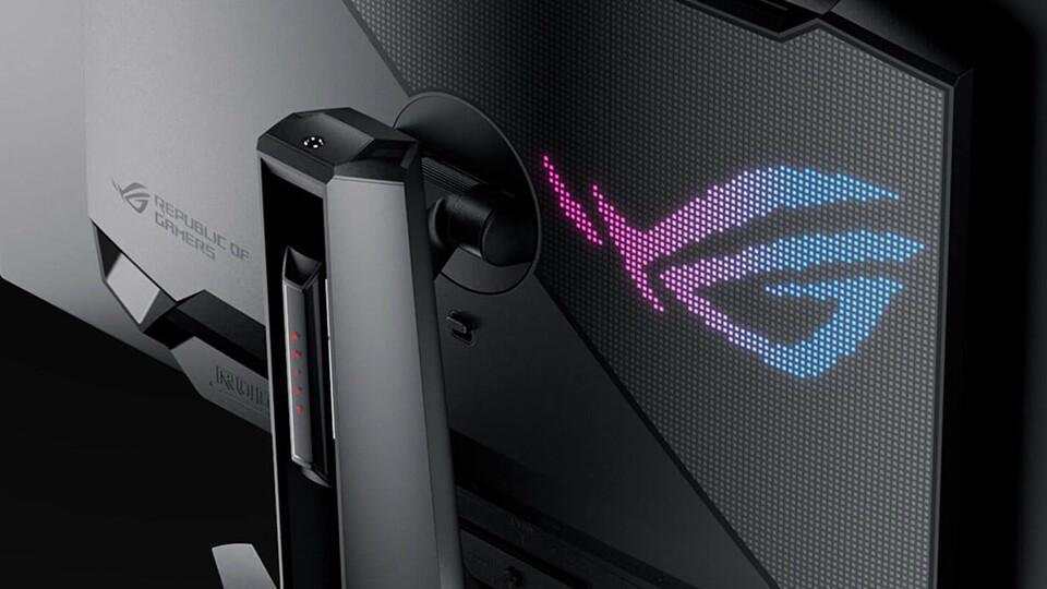 Auf der Rückseite des OLED‑Monitors ist nicht nur der hochwertige Standfuß von ASUS zu sehen, sondern auch die dezente RGB-Beleuchtung.