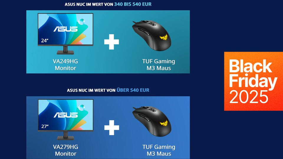 Mit den Codes NUC340 und NUC540 sichert ihr euch jeweils einen 24 oder 27 Zoll großen PC-Monitor und eine Maus zu eurem Mini-PC dazu.